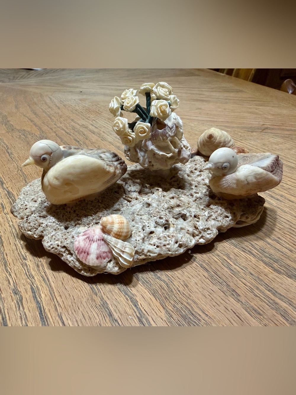 Unique Handmade Seashell Bird & Floral Sculpture – Coastal Shell Art